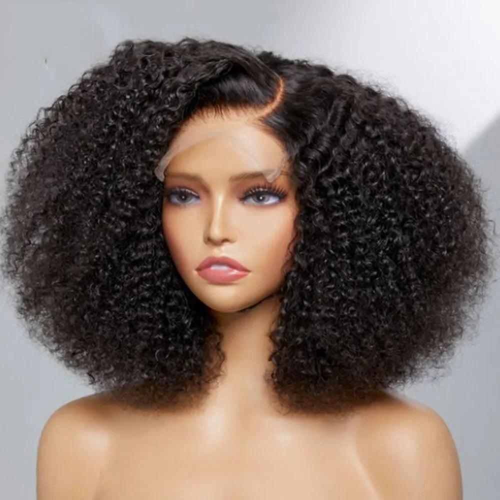 26" 180Density Soft Kinky Curly Natural Black Short Bob Lace Front Wig For Women Daily With BabyHair Preplucked Natural Hairline