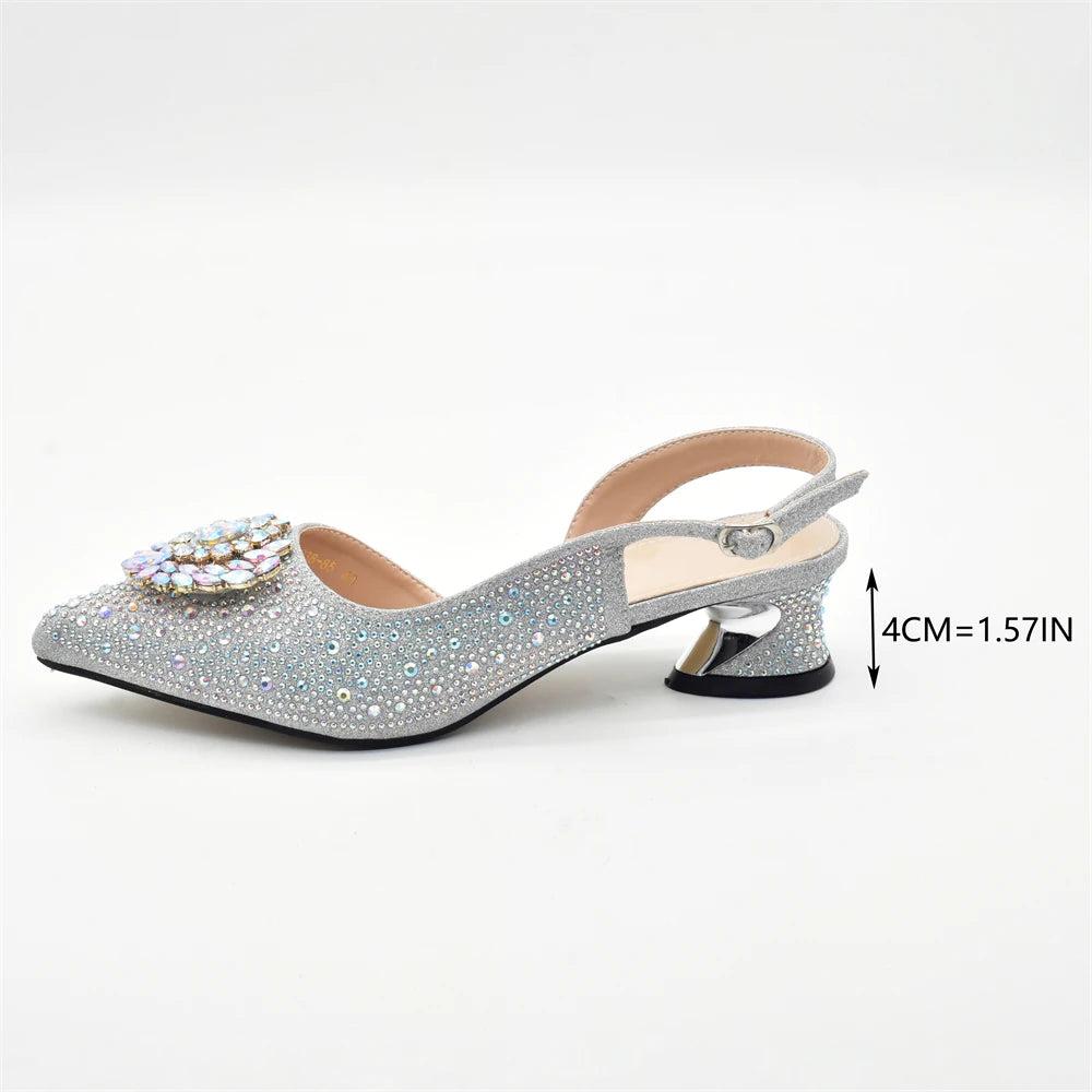 Luxury Designer Silver Italian Matching Shoes and Bag Set Decorated with Rhinestone Shoe and Bag Set for Party in Women Nigerian