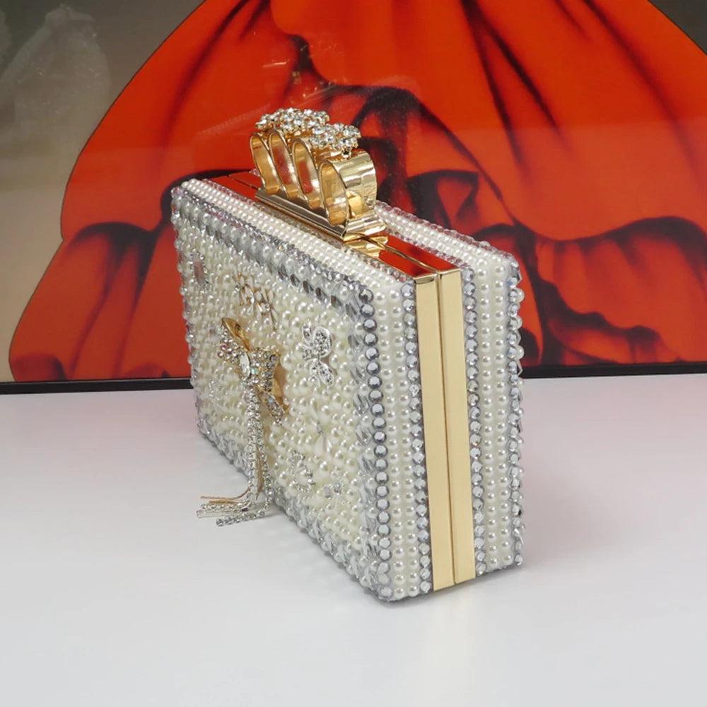 white Bridals Party shoes and bag Set Thin Heel Pointed Toe Women Pearl Evening Party shoes Buckle Ankle Strap Shoe Bag Set