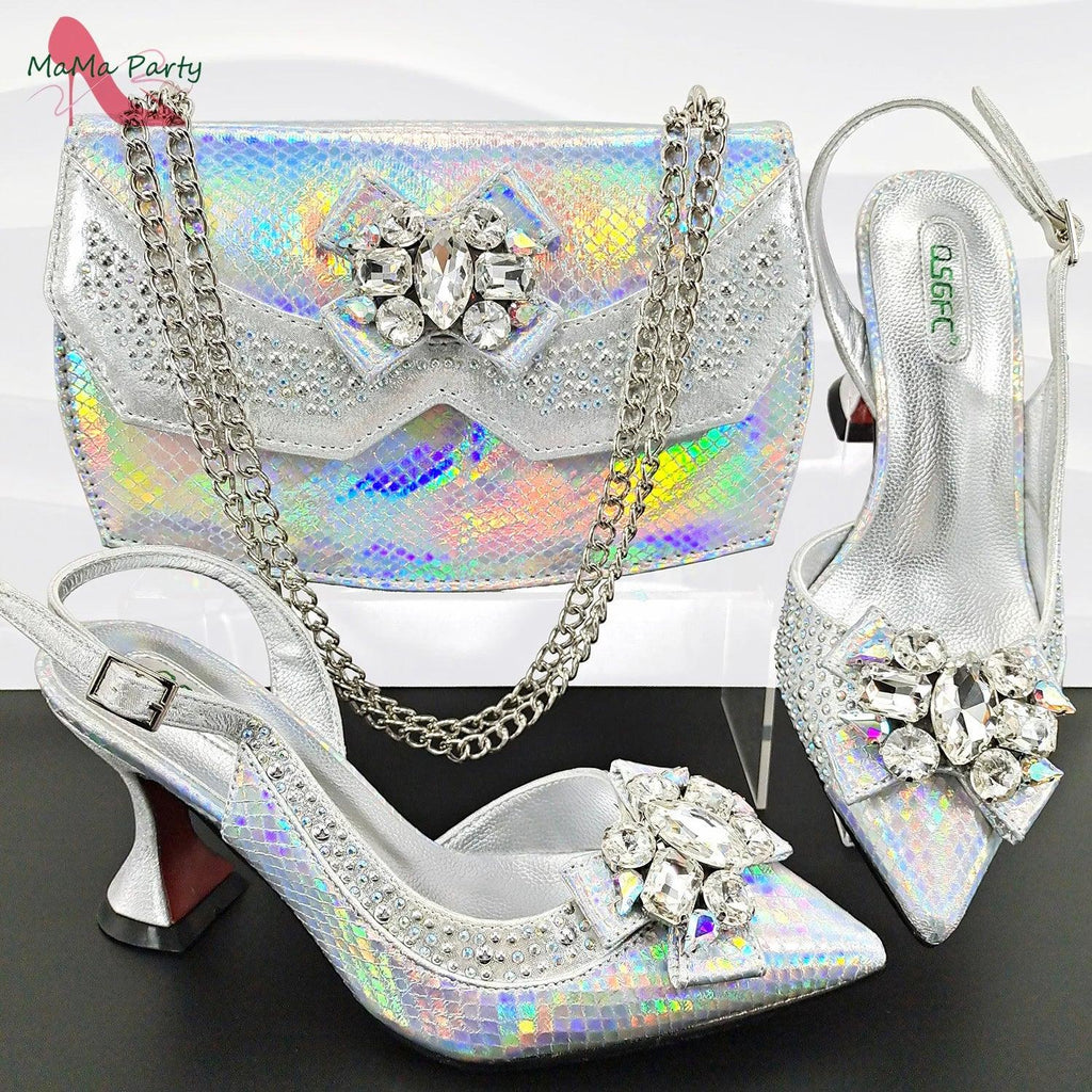 Italian Design in Brown Color African Women Shoes and Bag Set 2024 New Design High Heels for Wedding Party with Crystal