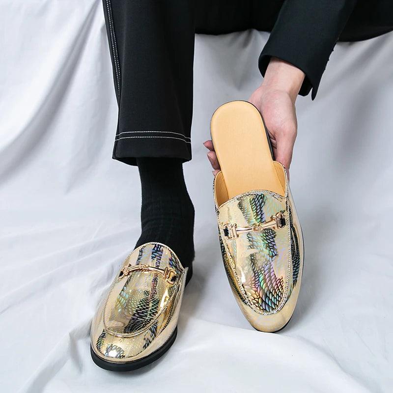 Fashion Brand Men's Cool Snake Skin Pattern Comfortable Half Back Leather Shoe Summer Men Breathable Bottom Casual Leather Shoes