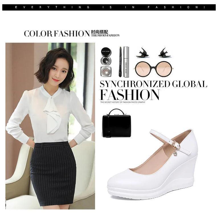 high quality leather shoe for women 7cm wedge high heel platform round toe 32 33 42 43 elegant and fashion shoe white red black