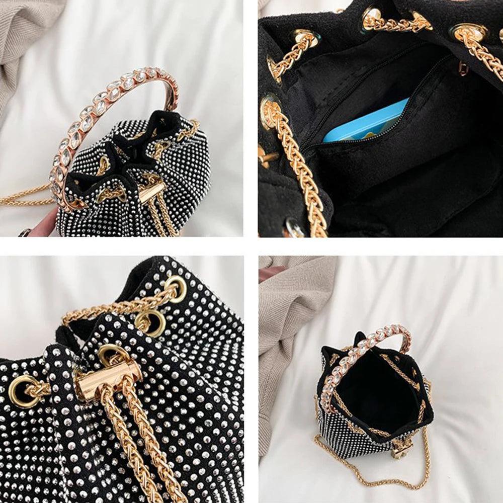 Candy Color Diamonds Bucket Bag Round Handle Handbags Drawstring Shoulder Crossbody Bags for Women 2023 Rhinestone Evening Bag