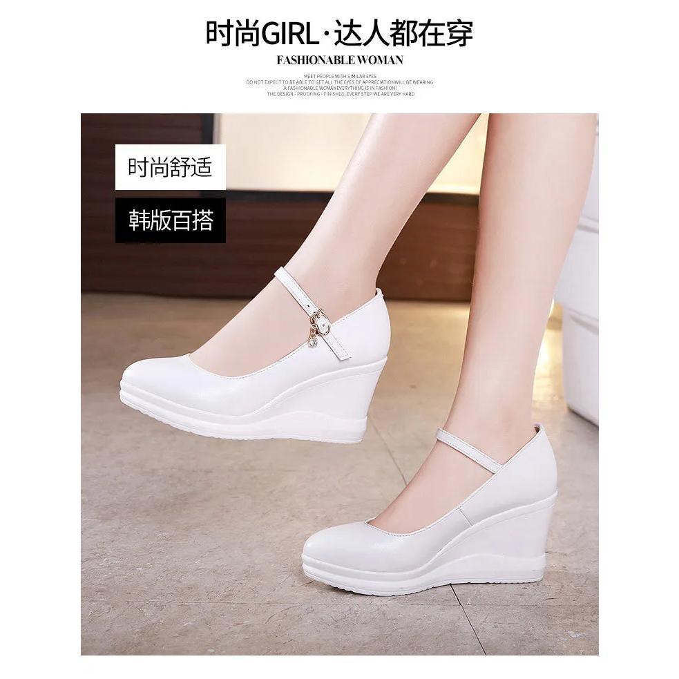 high quality leather shoe for women 7cm wedge high heel platform round toe 32 33 42 43 elegant and fashion shoe white red black