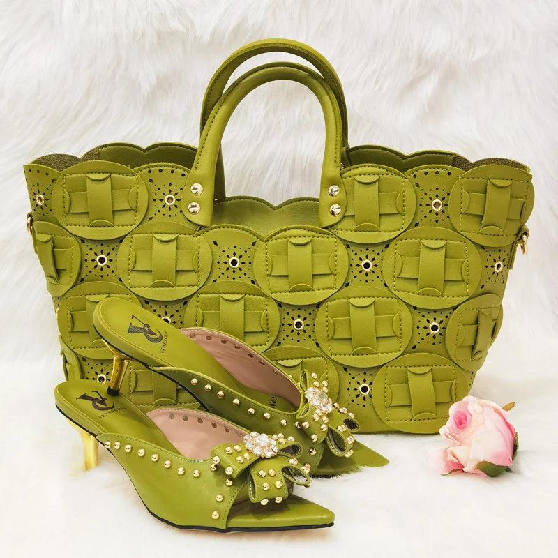 Mature Fashionable Italian Shoes and Bag Set African Sets Green Color Nigerian Shoes with Matching Bags for Royal Wedding Party