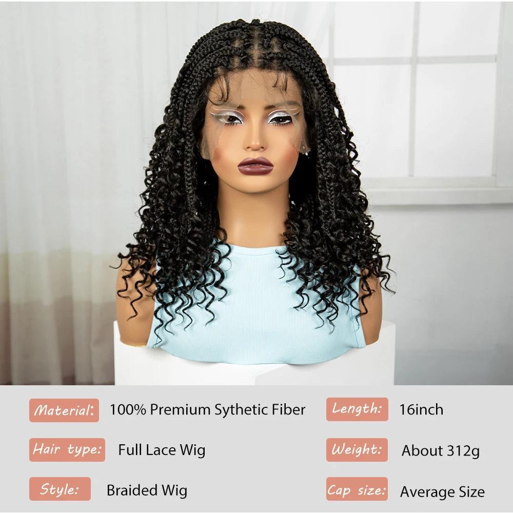 Knotless Box Braided Wigs with Curly Ends Synthetic Full Lace Braided   Lace Wigs Short Boho Braided Bob Wigs for Black Women
