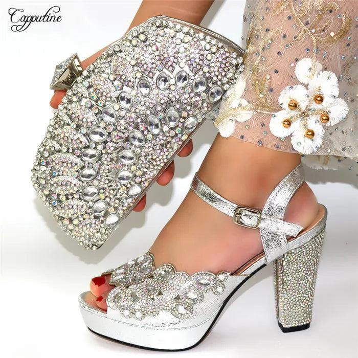 Fashion Gold High Heels Shoes And Purse Bag Set Woman Luxury Sandals Matching With Clutch Handbag Pumps Clutch CR178 11.5cm