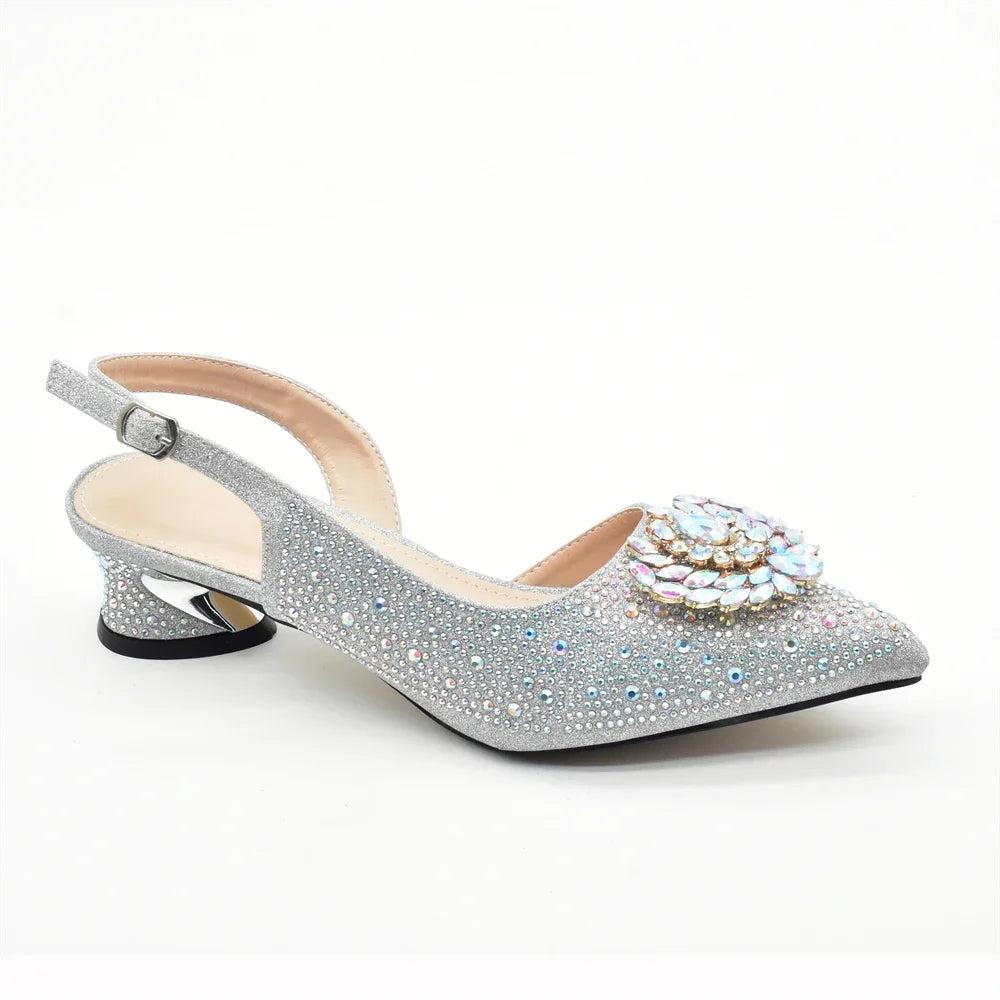 Luxury Designer Silver Italian Matching Shoes and Bag Set Decorated with Rhinestone Shoe and Bag Set for Party in Women Nigerian