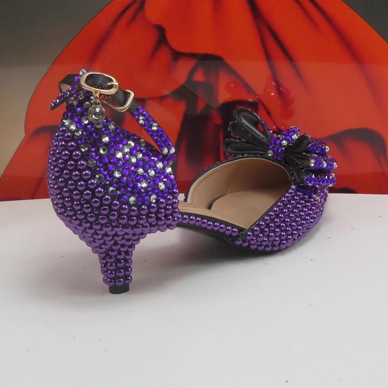 BaoYaFang New arrival Purple Pearl Bridal shoes and Bag Set woman party dress shoes Big size ankle Strap Buckle Shoes High Pumps
