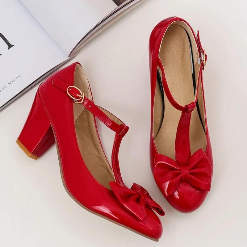 Elegant Women's Heels Mary Janes Lolita Shoes 2024 Sweet Bow Pumps Black White Pink Heeled Party Wedding Shoes Female Large Size