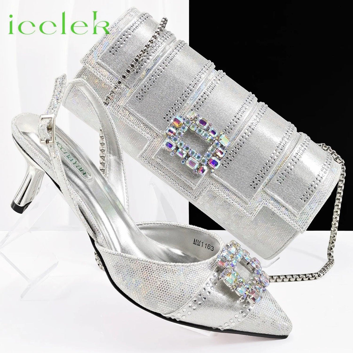 2025  Olive Green Rhinestone High Heels Pointed Toe Mixed Color Sexy Ladies Shoes With Clutch Bag Set For Luxury Wedding Party