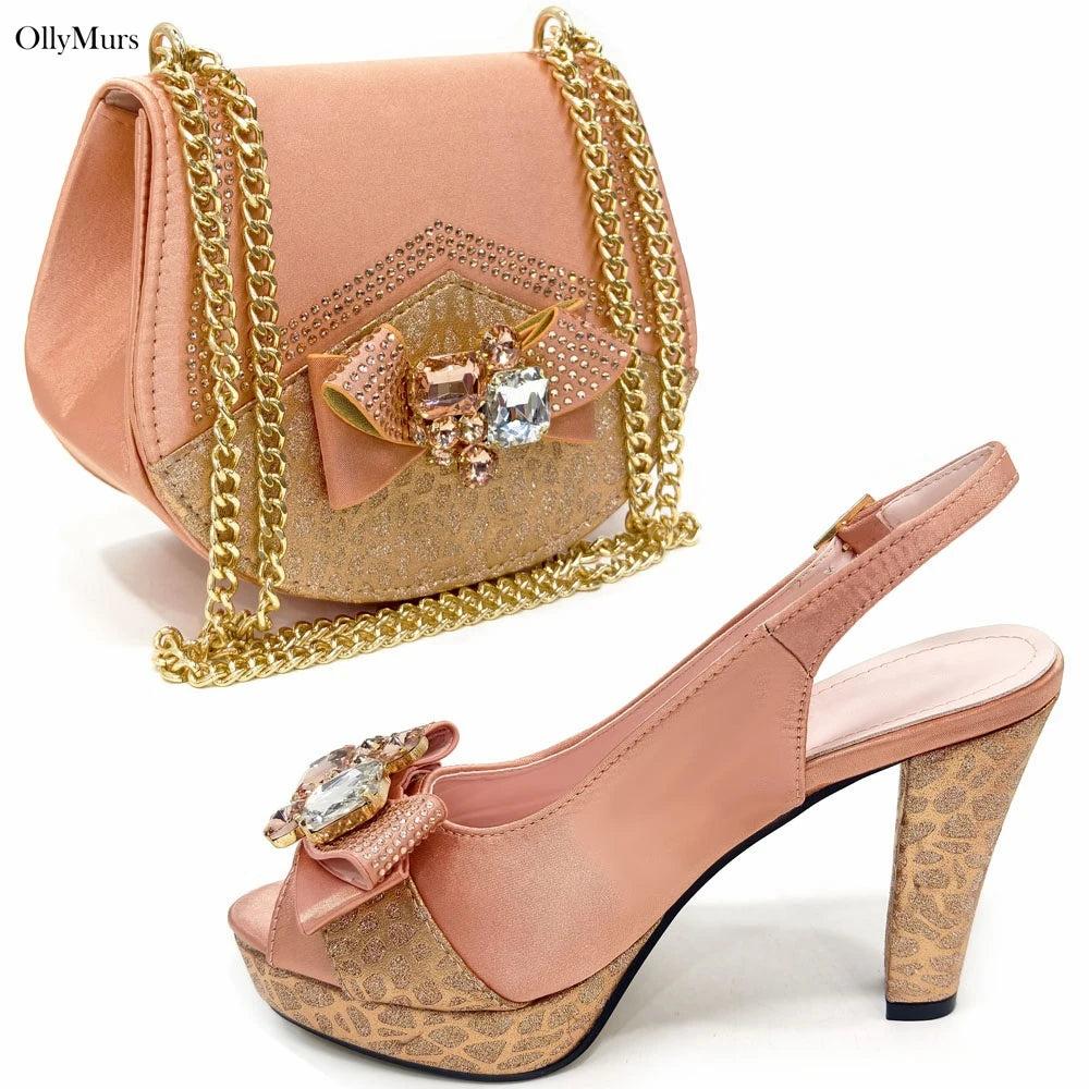 Italian Hot Sale Appliques Elegant Shoes And Bag To Match Set Summer High Heels Shoes And Bag Set For Wedding Dress Size 37-43