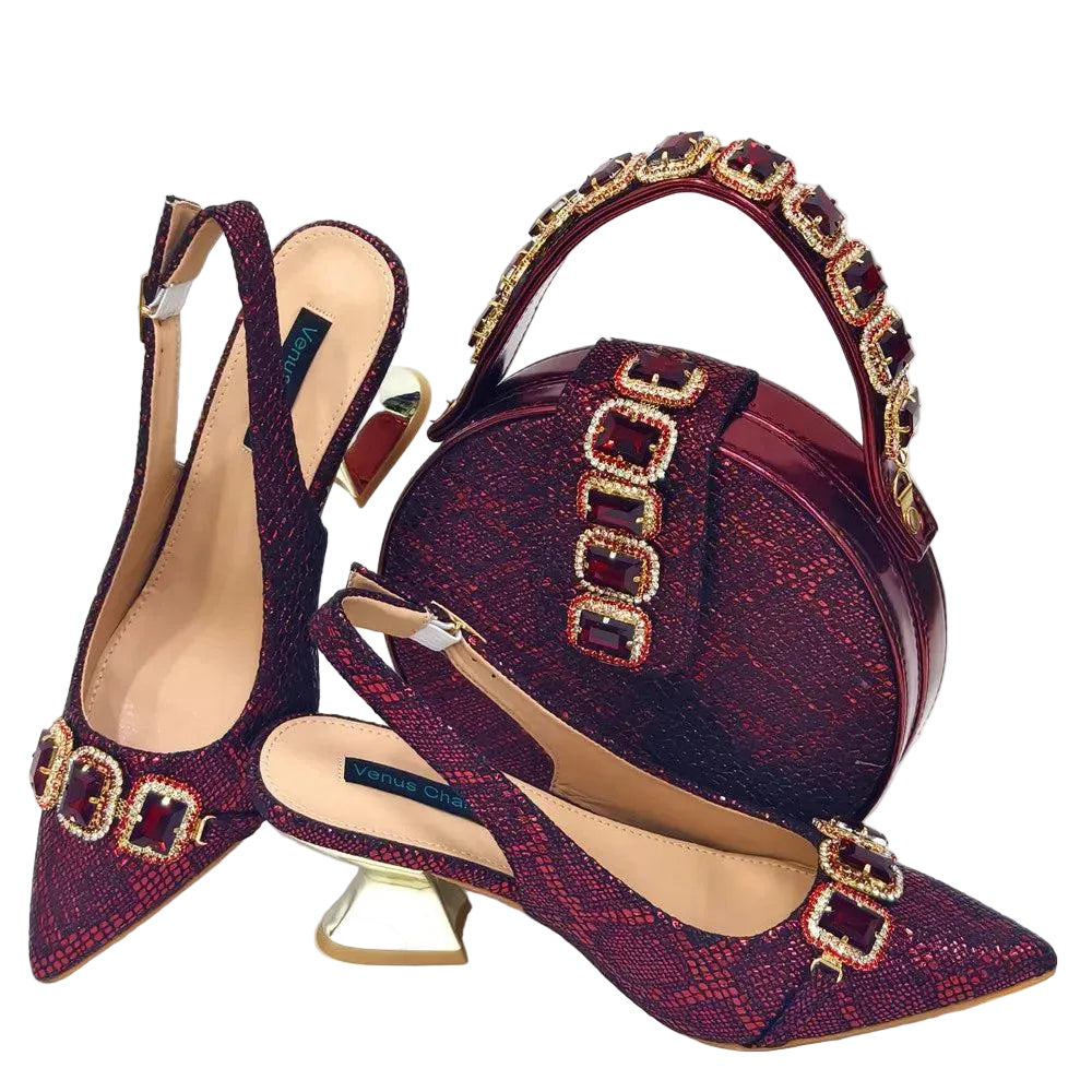 Rhinestone Pointed-Toe High Heels Shoes and Bags Set for Women Wedding and Party Elegant Luxury Fashion in Wine Color