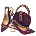 Rhinestone Pointed-Toe High Heels Shoes and Bags Set for Women Wedding and Party Elegant Luxury Fashion in Wine Color