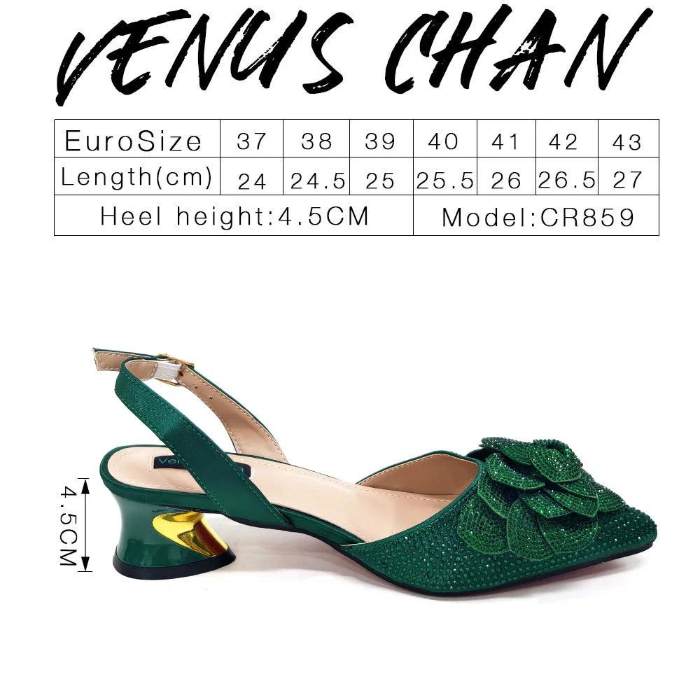 Venus Chan Evening Shoes and Bags Set with Full Diamond Handmade Petal Clutches Pointed Toe Peach Color Mid-Heel Women Shoes