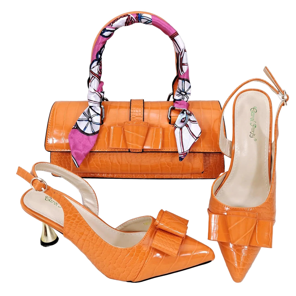 Italian Design Retro Women's Bag And Shoes Set Smooth Leather Material With Multi-Color Ribbons Suitable For Banquet Or Office