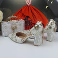 white Bridals Party shoes and bag Set Thin Heel Pointed Toe Women Pearl Evening Party shoes Buckle Ankle Strap Shoe Bag Set