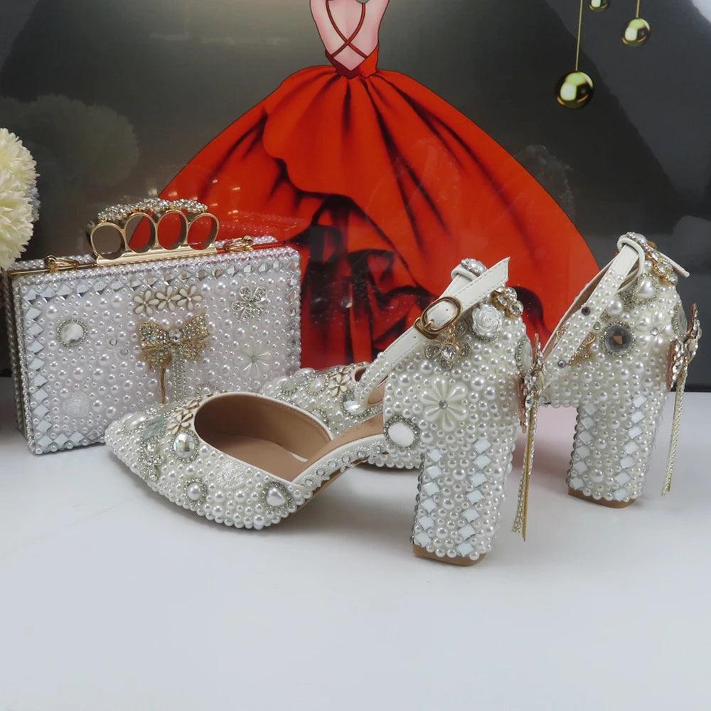 white Bridals Party shoes and bag Set Thin Heel Pointed Toe Women Pearl Evening Party shoes Buckle Ankle Strap Shoe Bag Set