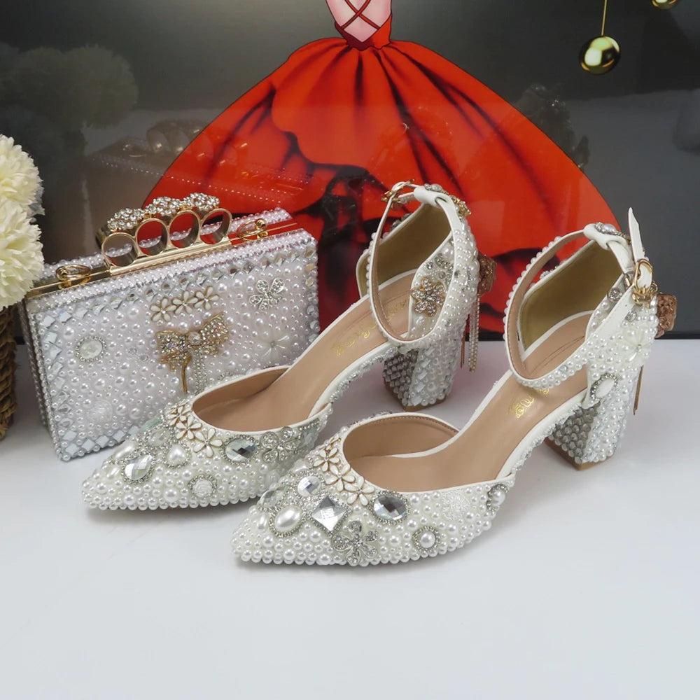 white Bridals Party shoes and bag Set Thin Heel Pointed Toe Women Pearl Evening Party shoes Buckle Ankle Strap Shoe Bag Set