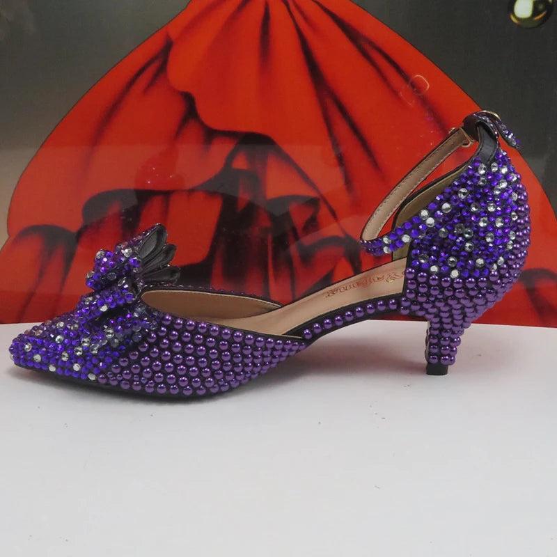 BaoYaFang New arrival Purple Pearl Bridal shoes and Bag Set woman party dress shoes Big size ankle Strap Buckle Shoes High Pumps