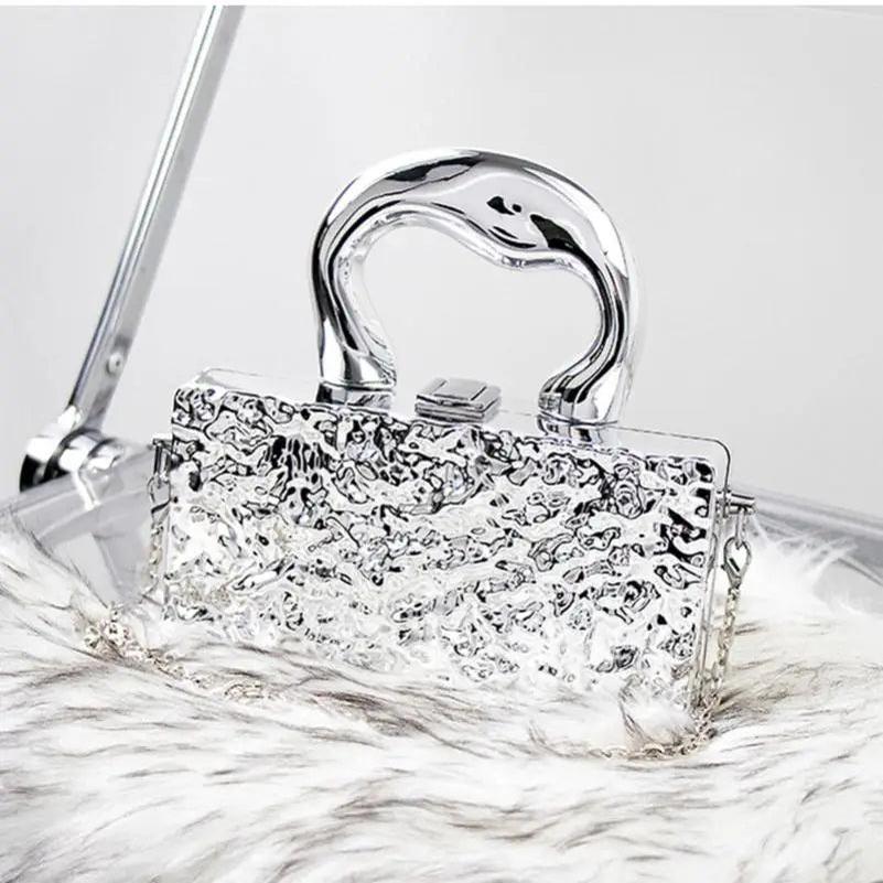 Square Acrylic Metallic Evening Handbag Box with Top Handle Luxury Designer Bags for Women Trend 2024 Shoulder Messenger Bags