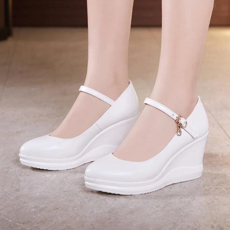 high quality leather shoe for women 7cm wedge high heel platform round toe 32 33 42 43 elegant and fashion shoe white red black