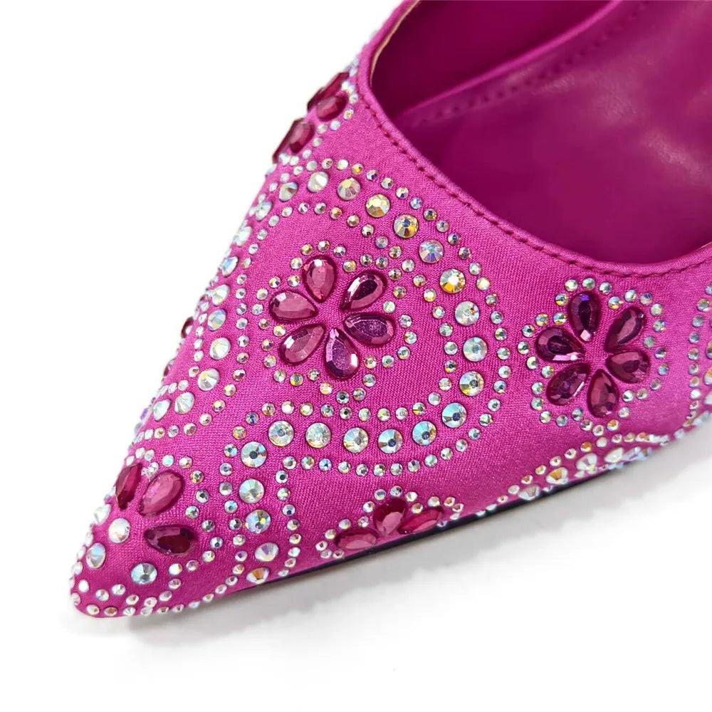 Elegant And Sexy Fuchsia Color High Heels Shoes And Bag With Rhinestone Embellished Toe Is Comfortable Women's Shoes For Party
