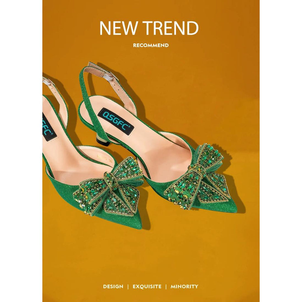Carol Party Italian Design Big Bow Black Crystal Sandals Party Pointed High Heels  Nigeria Fashion Sexy Shoes Bag Set For Women