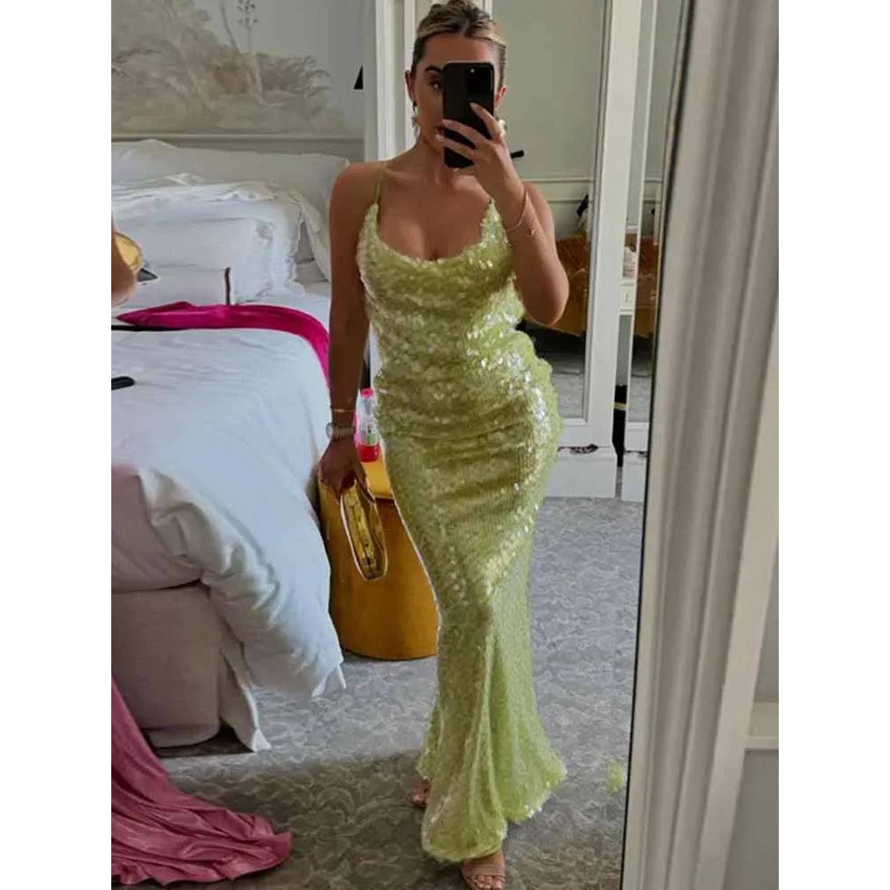 BKQU Sequins Sexy Backless Maxi Dress Women Cross Halter Fashion U Neck Slim Glitter Evening Robe 2025 Summer Lady Beach Dresses