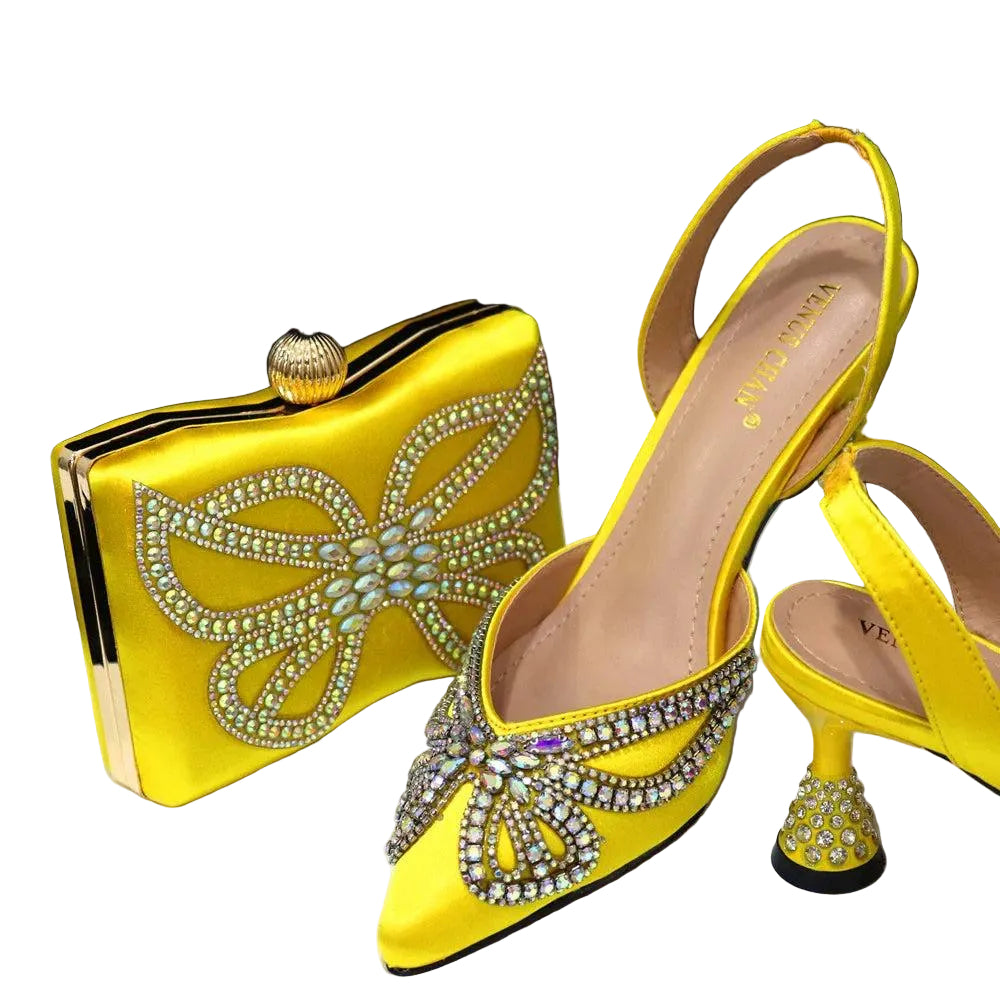 Yellow Classy Bowknot Pointed Toe Women's Shoes High Heel Elegant Sandals Shallow Mouth Shoes Bag Set Women