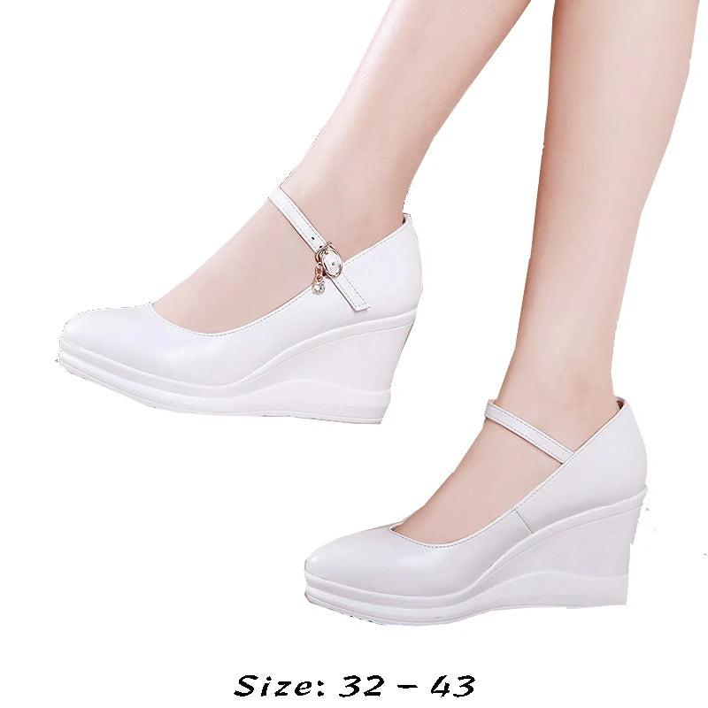 high quality leather shoe for women 7cm wedge high heel platform round toe 32 33 42 43 elegant and fashion shoe white red black