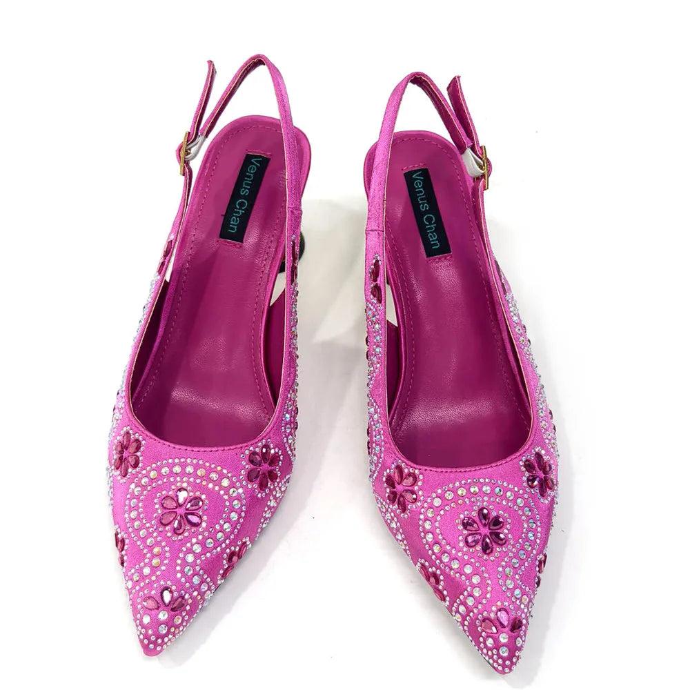 Elegant And Sexy Fuchsia Color High Heels Shoes And Bag With Rhinestone Embellished Toe Is Comfortable Women's Shoes For Party