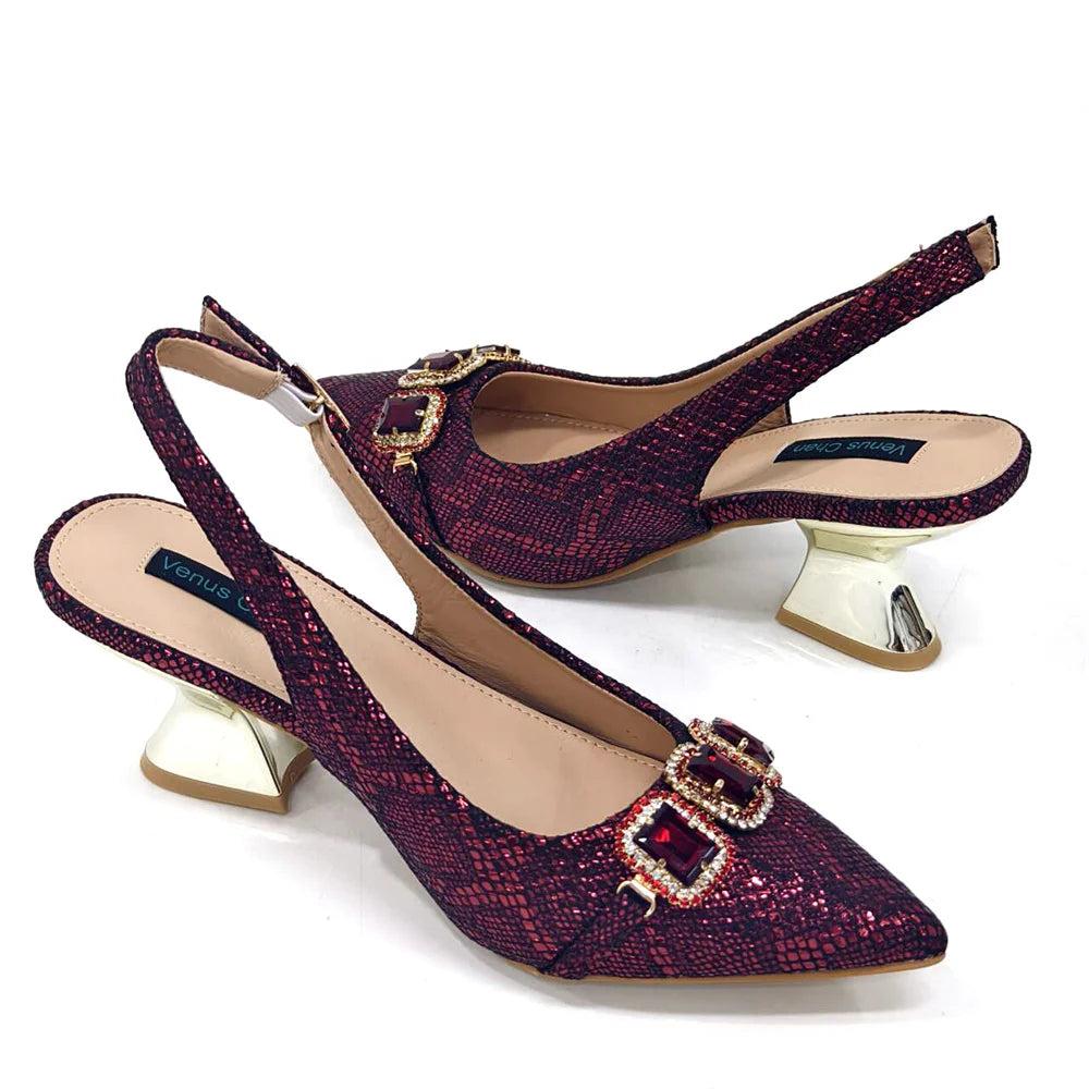 Rhinestone Pointed-Toe High Heels Shoes and Bags Set for Women Wedding and Party Elegant Luxury Fashion in Wine Color