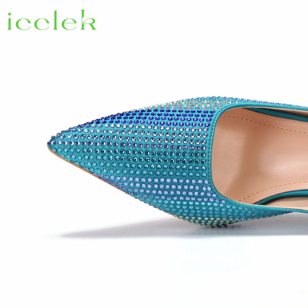 2023 Hot Selling Teal Color Pointed Toe Ladies Shoes Matching Bag Set For Mature Women Wedding Party