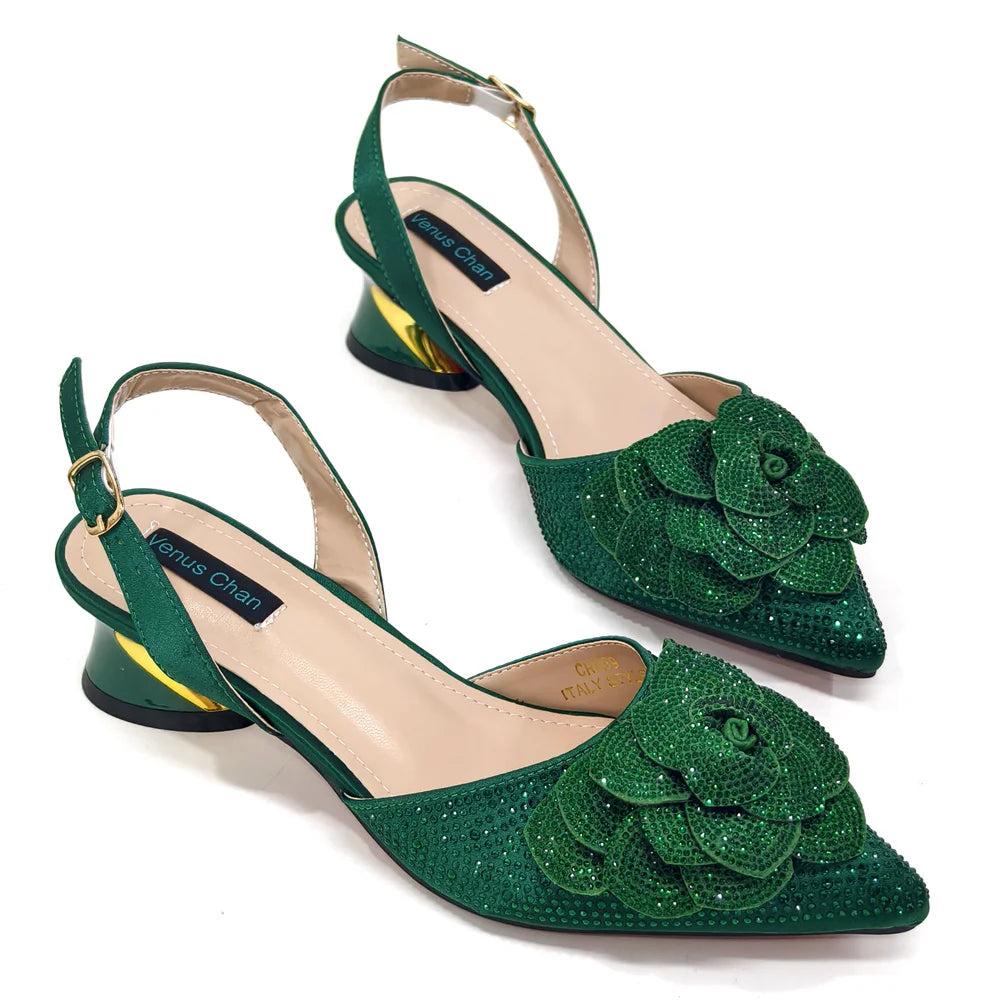 Venus Chan Evening Shoes and Bags Set with Full Diamond Handmade Petal Clutches Pointed Toe Peach Color Mid-Heel Women Shoes