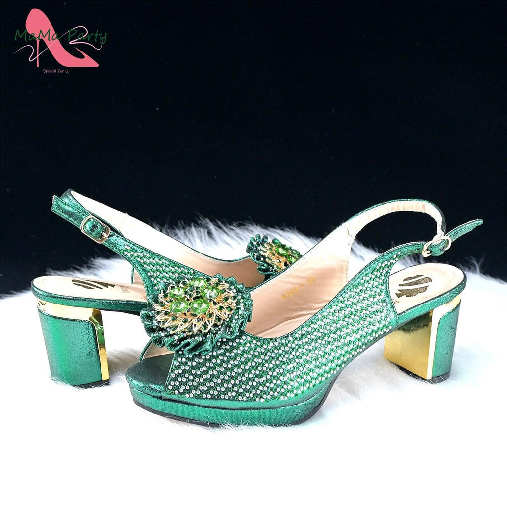 Mature Italian Women Shoes Matching Bag Set in Green Color 7 CM Comfortable Heels with Plaform Elegant Peep Toe Sandals