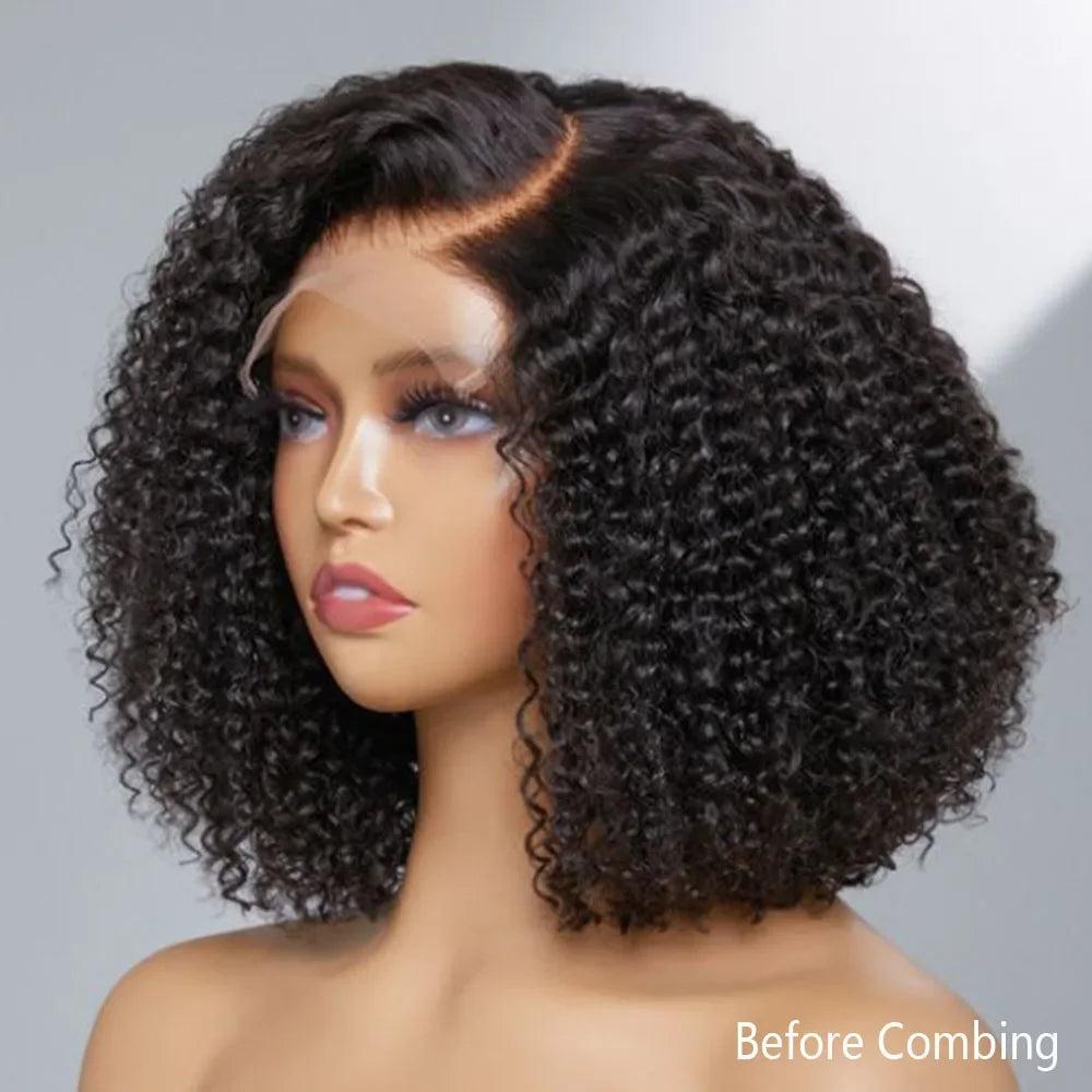 26" 180Density Soft Kinky Curly Natural Black Short Bob Lace Front Wig For Women Daily With BabyHair Preplucked Natural Hairline