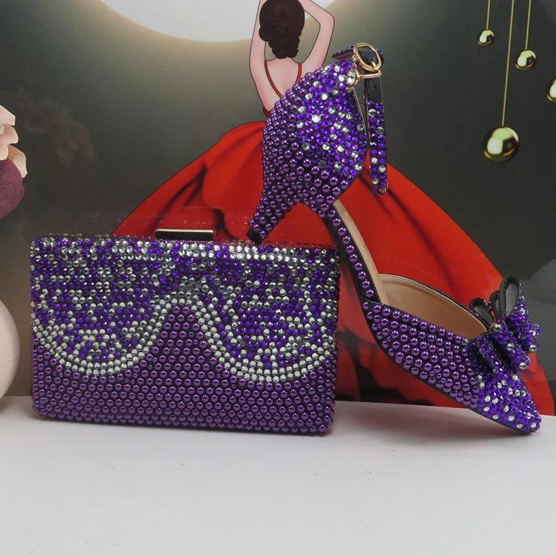 BaoYaFang New arrival Purple Pearl Bridal shoes and Bag Set woman party dress shoes Big size ankle Strap Buckle Shoes High Pumps