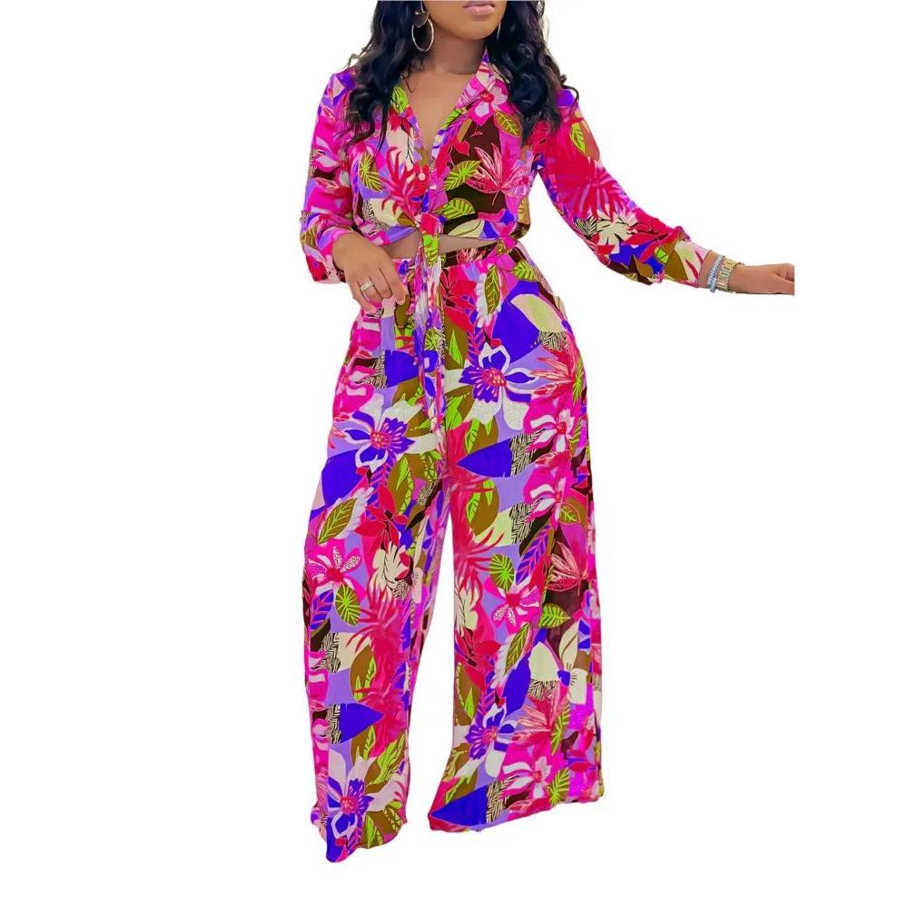2024 Spring Summer New Long Sleeved Printed Suit For Women Fashion Lapel Single Breasted Shirt Wide Leg Trousers Two Piece Set