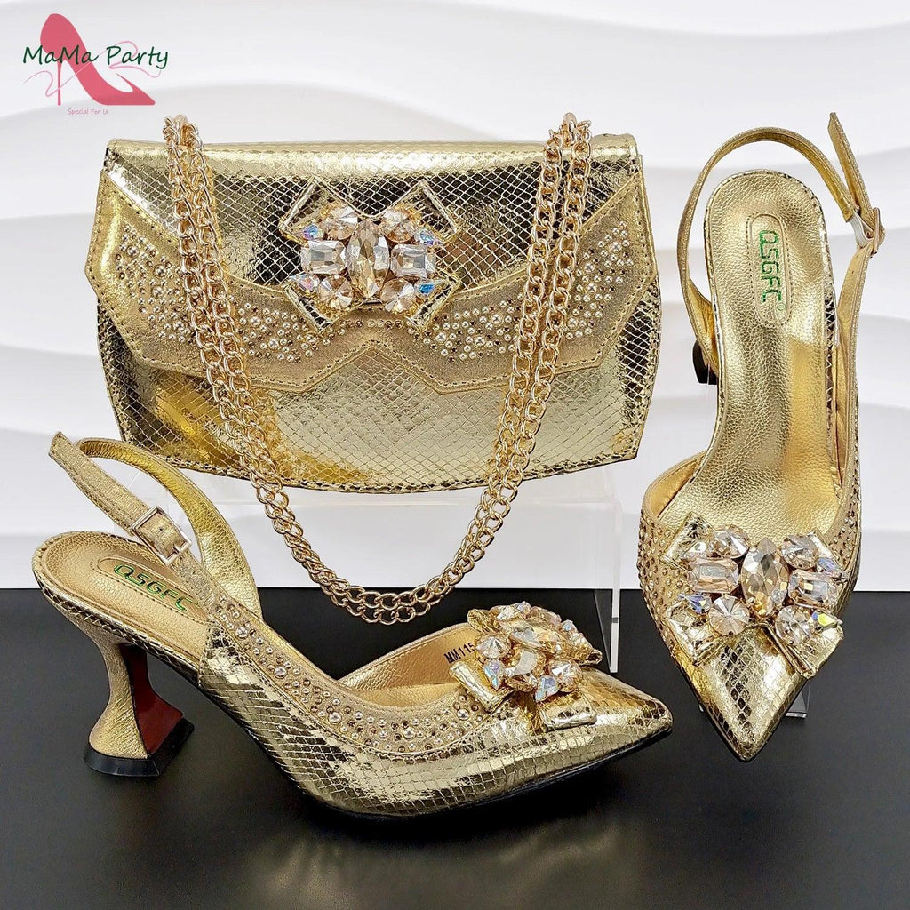 Italian Design in Brown Color African Women Shoes and Bag Set 2024 New Design High Heels for Wedding Party with Crystal