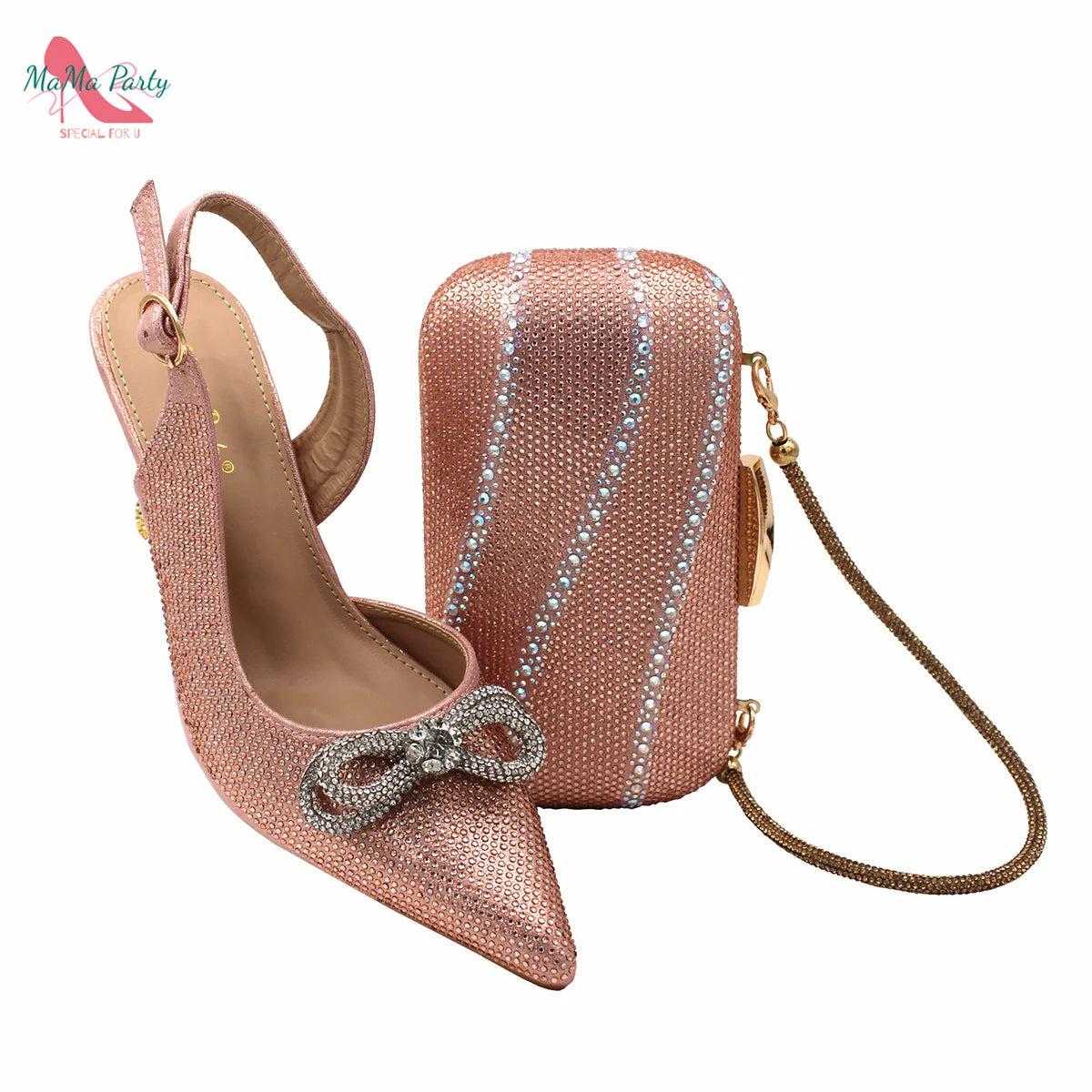 New Fashionable Pointed Toe Ladies Sandal Shoes Matching Bag Set in Peach Color For Women Wedding Party