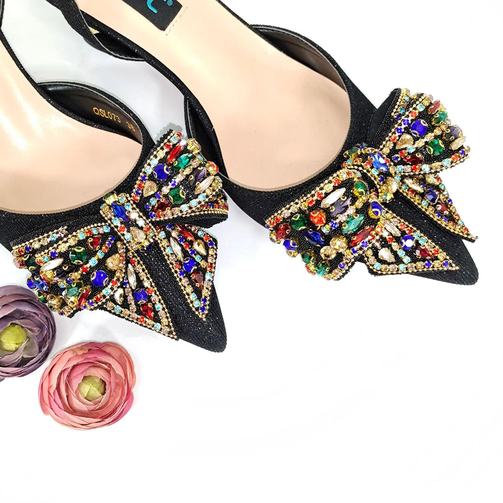 Carol Party Italian Design Big Bow Black Crystal Sandals Party Pointed High Heels  Nigeria Fashion Sexy Shoes Bag Set For Women