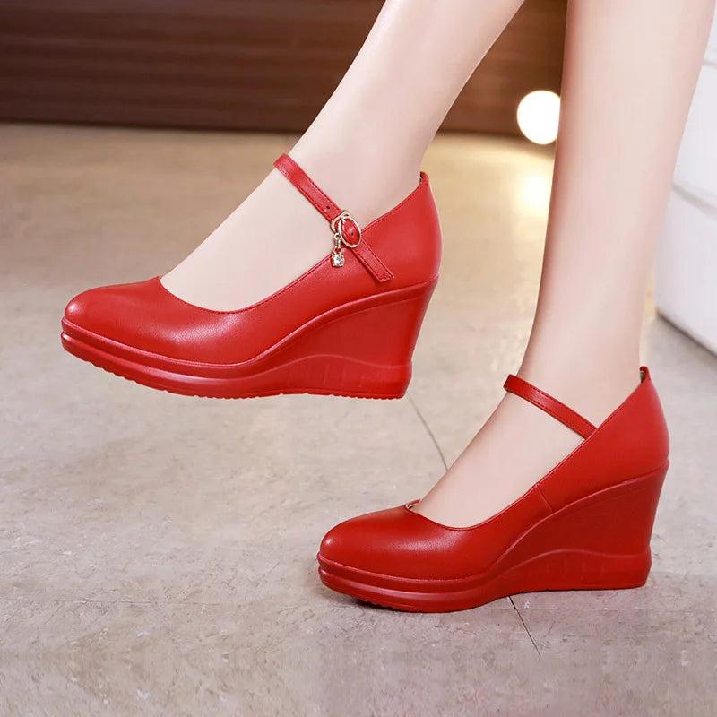 high quality leather shoe for women 7cm wedge high heel platform round toe 32 33 42 43 elegant and fashion shoe white red black