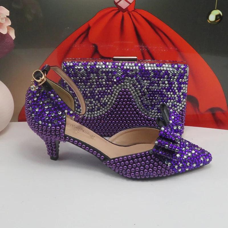 BaoYaFang New arrival Purple Pearl Bridal shoes and Bag Set woman party dress shoes Big size ankle Strap Buckle Shoes High Pumps