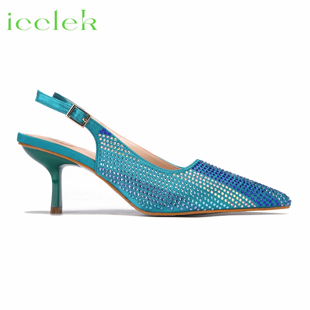 2023 Hot Selling Teal Color Pointed Toe Ladies Shoes Matching Bag Set For Mature Women Wedding Party