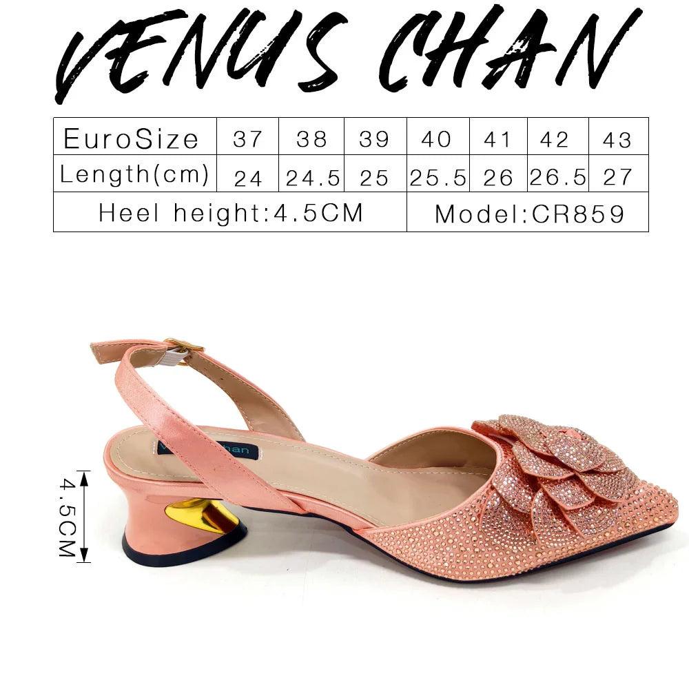 Venus Chan Evening Shoes and Bags Set with Full Diamond Handmade Petal Clutches Pointed Toe Peach Color Mid-Heel Women Shoes