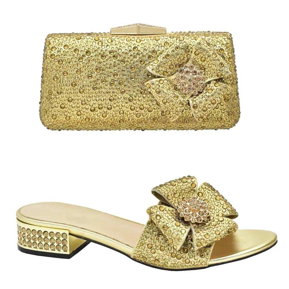 Italian Shoes and Bags Matching Set Decorated with Rhinestone Shoes for Women 2025 Designer Luxury Low Heels SlipOn Party Pumps