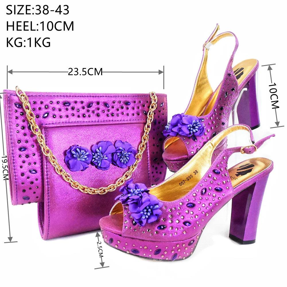 High Quality 2024 Summer New Design in Purple Color Mature Style Italian Women Shoes and Bag Set with Platform for Wedding Party