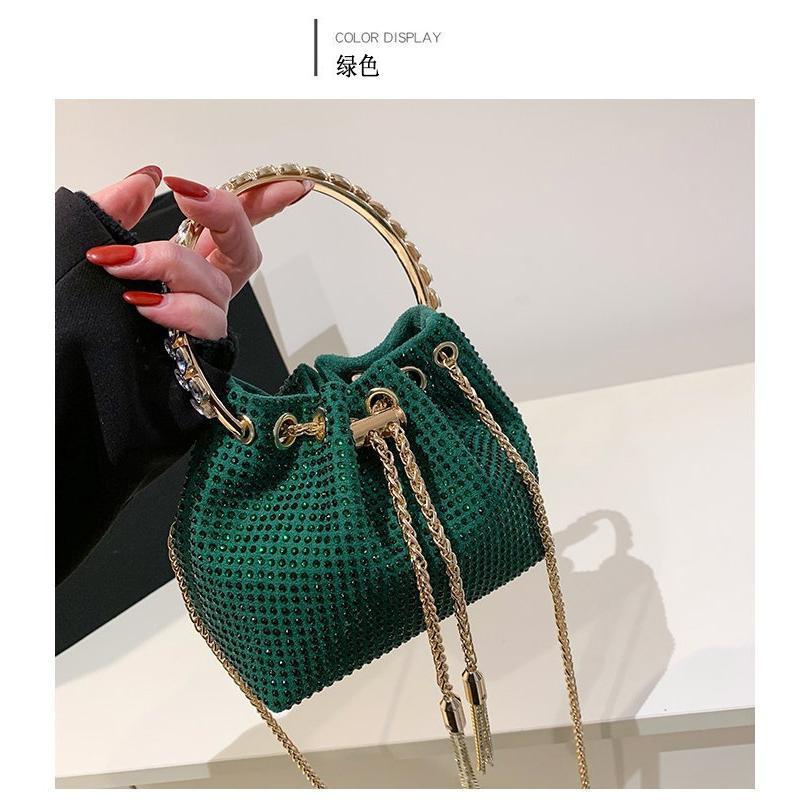 Candy Color Diamonds Bucket Bag Round Handle Handbags Drawstring Shoulder Crossbody Bags for Women 2023 Rhinestone Evening Bag