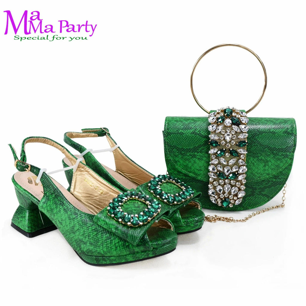 2024 Autumn New Design Specials Italian Women Shoes and Bag Set Comfortable Mid Heels With Rhinestone in Yellow Color